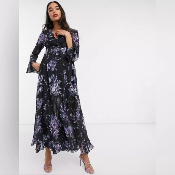 ASOS Black Ruffle Trim Purple Floral Double Front Slit Maxi Dress sz 4 - Picture 9 of 11